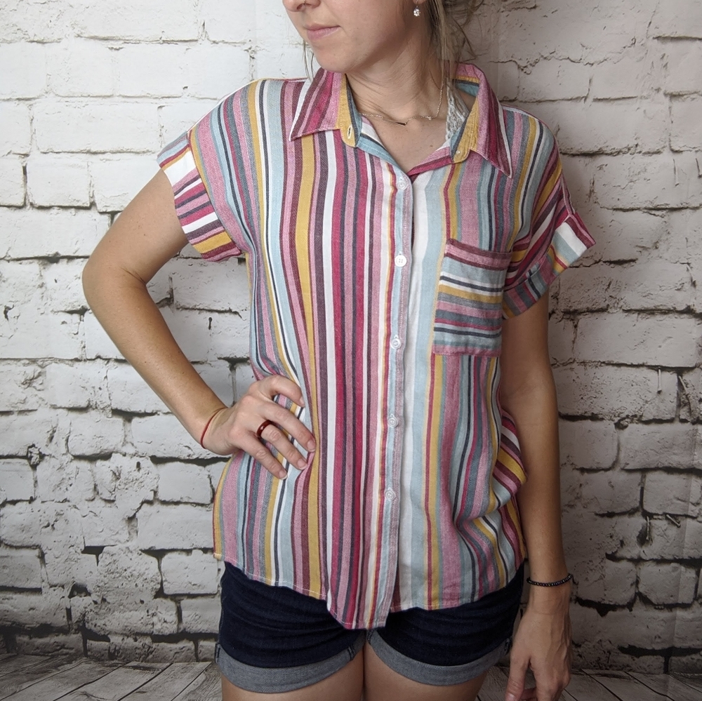 Aqua Multi Colored Striped Button Down - Picture 5 of 12